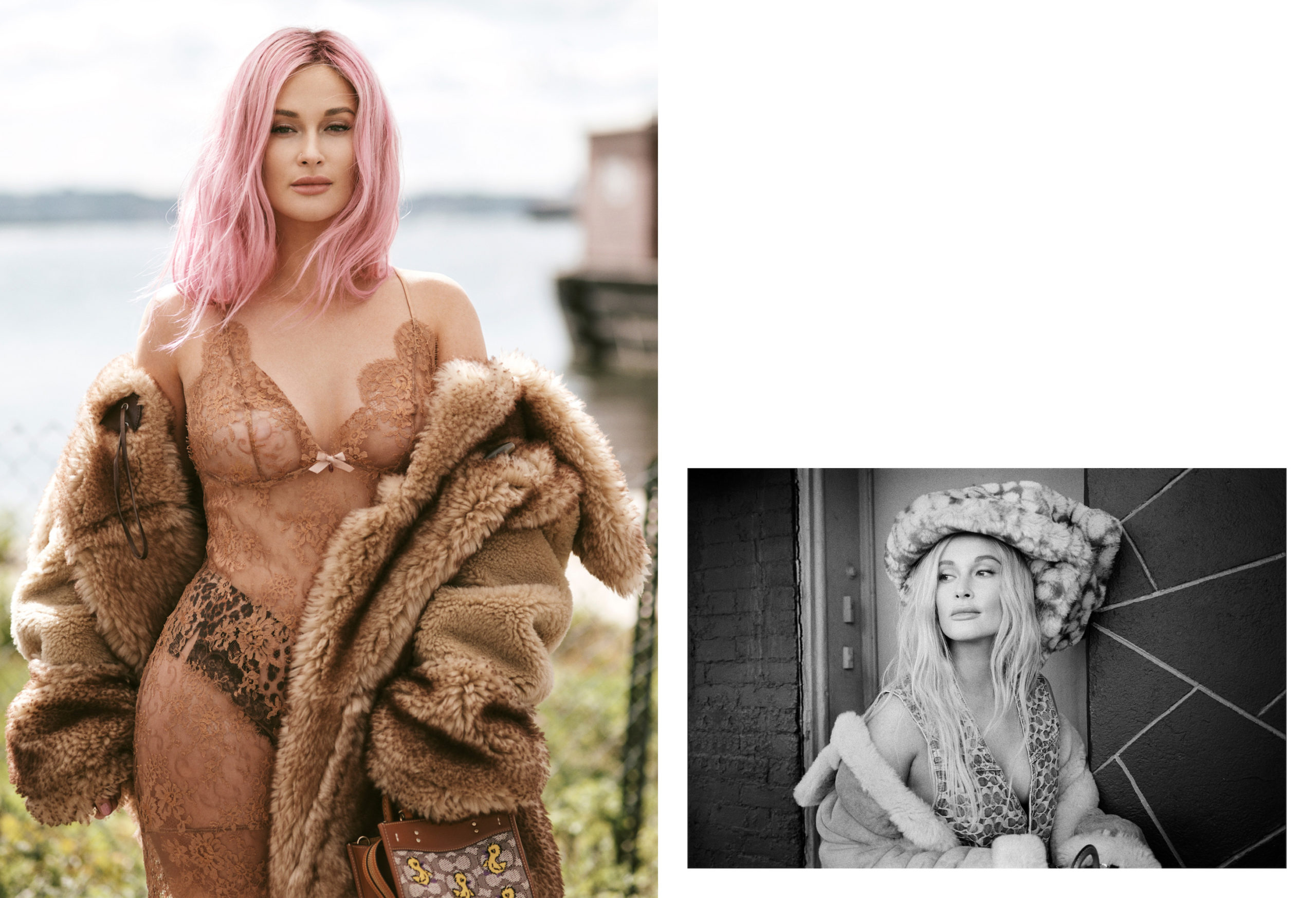  Left image: Coat and bag Coach Dress and briefs Agent Provocateur Ring Laura Lombardi Right image: Clothing and hat Coach, earrings Jennifer Fisher