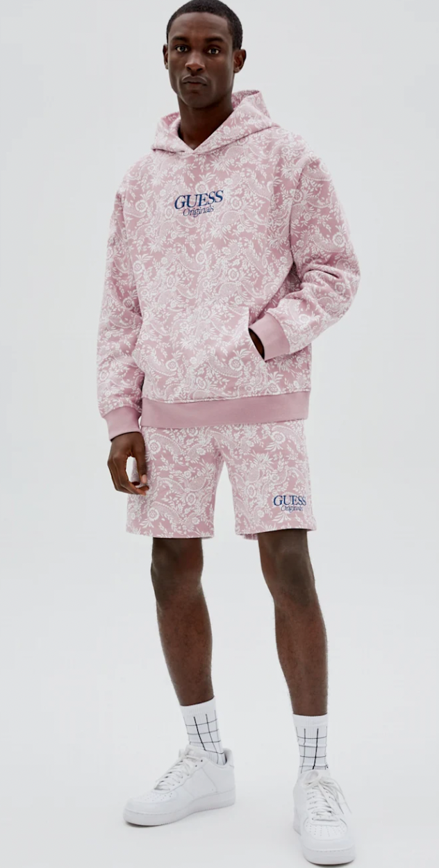  GUESS Originals pastel pink men's floral hoodie, polo shorts, and logo socks