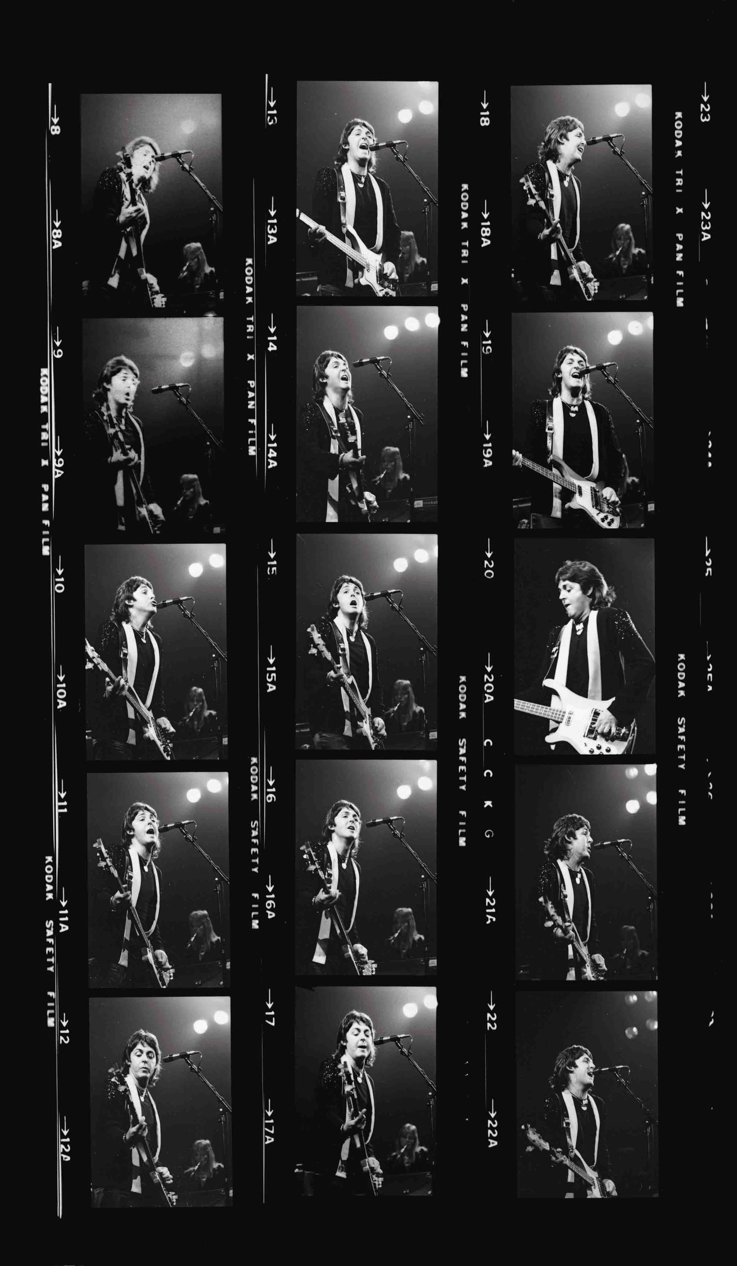  Contact sheet of an animated Paul on stage during a Wings Over America performance. USA, 1976. Credit: Harry Benson.